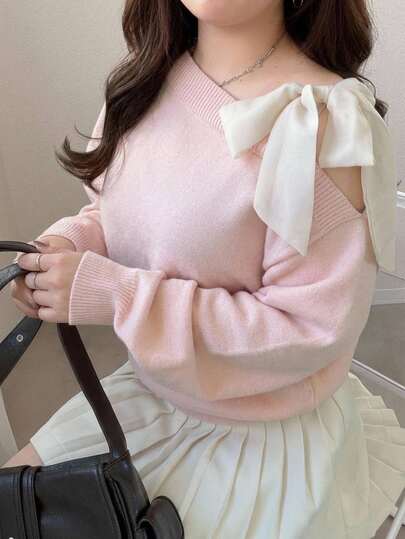 Dazy Plus Contrast Color Cold Shoulder Dropped Shoulder Long Sleeve Bow Tie Loose Casual Versatile Pullover Sweater Spring/Autumn New Arrival