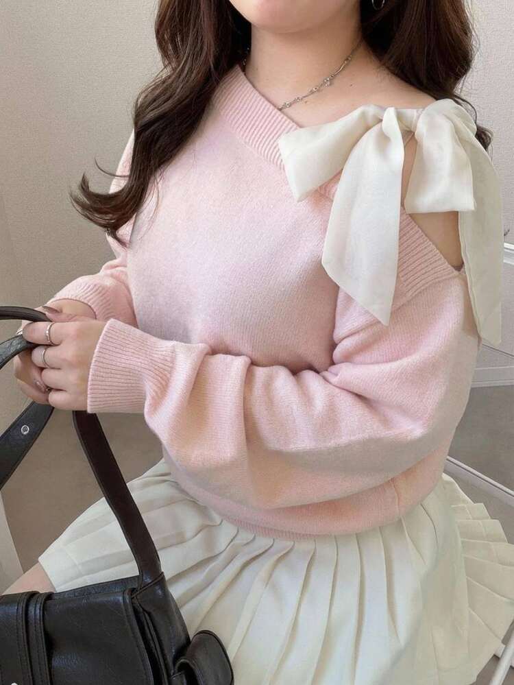 Dazy Plus Contrast Color Cold Shoulder Dropped Shoulder Long Sleeve Bow Tie Loose Casual Versatile Pullover Sweater Spring/Autumn New Arrival - Pink - View 9