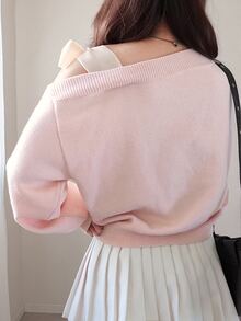 Dazy Plus Contrast Color Cold Shoulder Dropped Shoulder Long Sleeve Bow Tie Loose Casual Versatile Pullover Sweater Spring/Autumn New Arrival - Pink - View 4