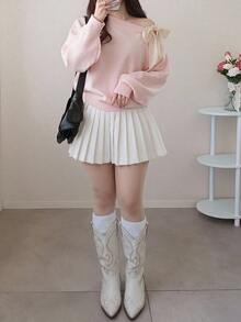Dazy Plus Contrast Color Cold Shoulder Dropped Shoulder Long Sleeve Bow Tie Loose Casual Versatile Pullover Sweater Spring/Autumn New Arrival - Pink - View 5