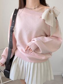 Dazy Plus Contrast Color Cold Shoulder Dropped Shoulder Long Sleeve Bow Tie Loose Casual Versatile Pullover Sweater Spring/Autumn New Arrival - Pink - View 3