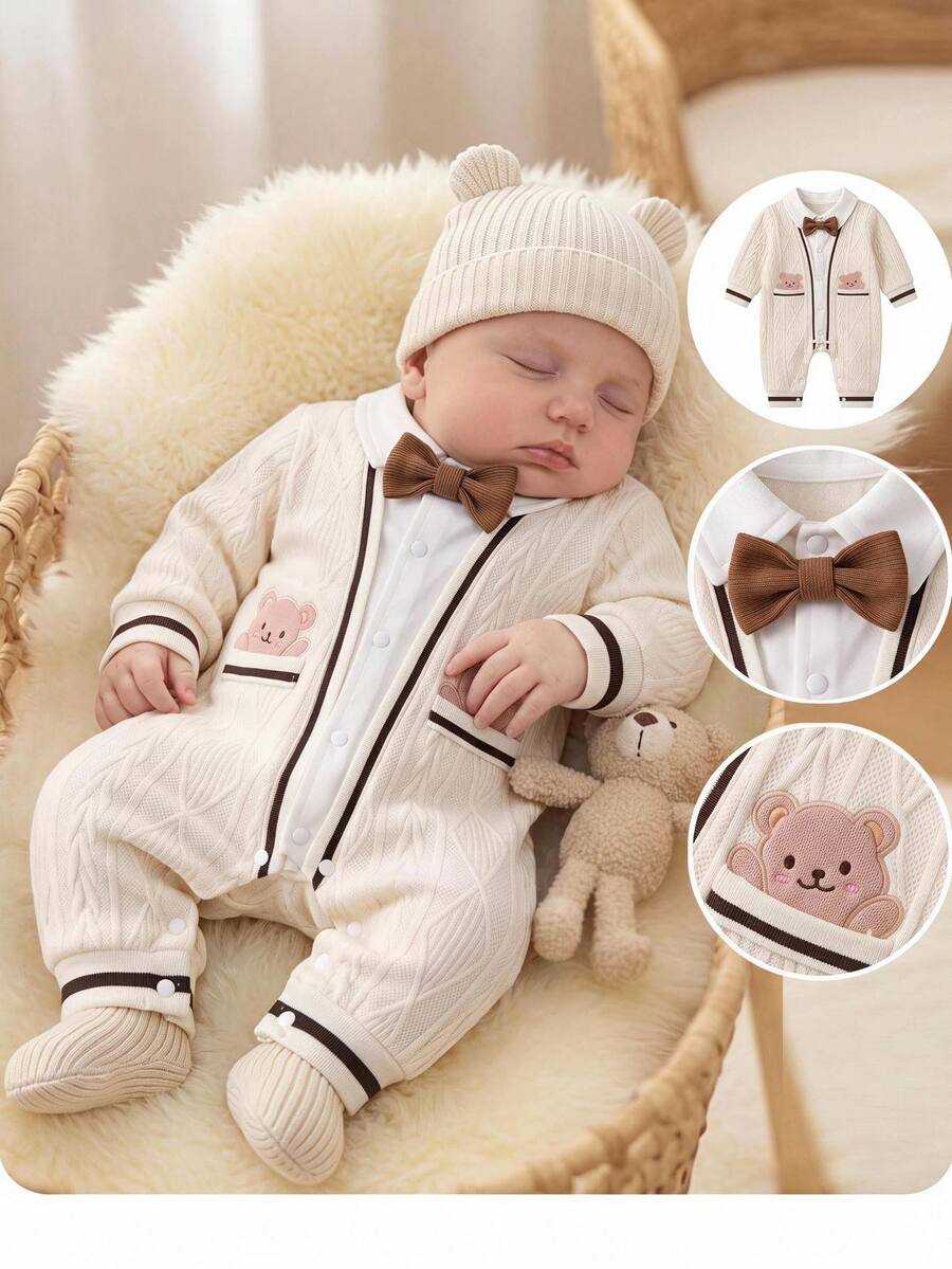SHEIN Newborn Baby Cartoon Pattern Bowknot Decor Casual Daily One-Piece Long Winter Pants - Apricot - View 1