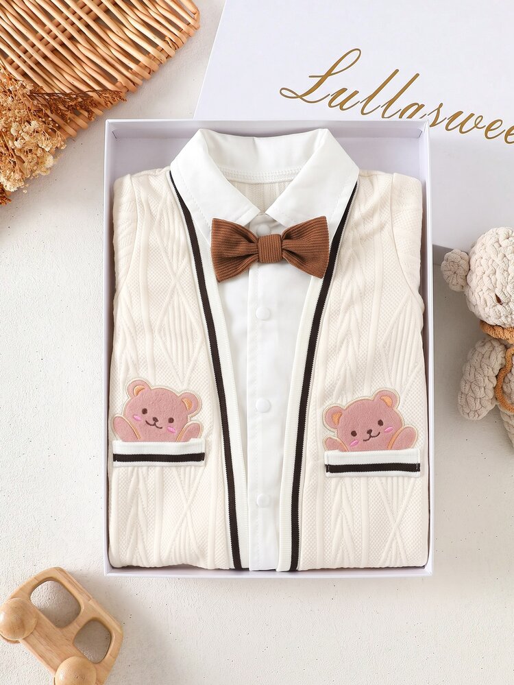 SHEIN Newborn Baby Cartoon Pattern Bowknot Decor Casual Daily One-Piece Long Winter Pants - Apricot - View 7