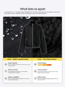 GLOWMODE Double Take Reversible Fleece Jacket With Water-Resistant Woven Side, High Neck & Metallic Zip Daily Casual Outdoor Fall Winter Wear - Black - View 2