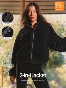 GLOWMODE Double Take Reversible Fleece Jacket With Water-Resistant Woven Side, High Neck & Metallic Zip Daily Casual Outdoor Fall Winter Wear - Black - View 1