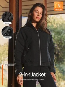 GLOWMODE Double Take Reversible Fleece Jacket With Water-Resistant Woven Side, High Neck & Metallic Zip Daily Casual Outdoor Fall Winter Wear - Black - View 11
