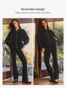 GLOWMODE Double Take Reversible Fleece Jacket With Water-Resistant Woven Side, High Neck & Metallic Zip Daily Casual Outdoor Fall Winter Wear - Black - View 4