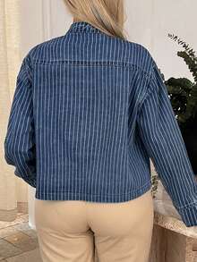 Dazy Plus Spring Summer Loose Business Casual Fashion Office Street Outdoor Pinstripe Design Blue Small Stand Collar Large Pocket Jacket Long Sleeve Plus Size Spring Autumn Denim Coat - Dark Wash - View 5