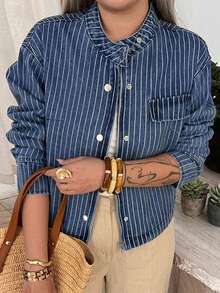 Dazy Plus Spring Summer Loose Business Casual Fashion Office Street Outdoor Pinstripe Design Blue Small Stand Collar Large Pocket Jacket Long Sleeve Plus Size Spring Autumn Denim Coat - Dark Wash - View 3