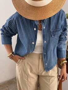 Dazy Plus Spring Summer Loose Business Casual Fashion Office Street Outdoor Pinstripe Design Blue Small Stand Collar Large Pocket Jacket Long Sleeve Plus Size Spring Autumn Denim Coat - Dark Wash - View 4