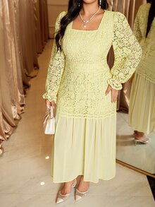 Reflora Plus Size French Elegant Celestial Embroidered Hollow Square Neck Evening Dress Autumn Wedding Party Birthday Soft Yellow - Yellow - View 6