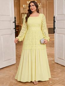 Reflora Plus Size French Elegant Celestial Embroidered Hollow Square Neck Evening Dress Autumn Wedding Party Birthday Soft Yellow - Yellow - View 2