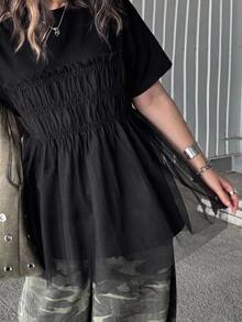 Dazy Plus Blus Ukuran Besar Warna Polos Motif Jala Kontras Model Boneka Lucu Pullover Lengan Pendek untuk Musim Semi Musim Panas Musim Gugur Acara Makan Siang Ulang Tahun Warna Hitam Kasual - Hitam - View 8