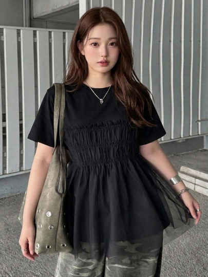 Dazy Plus Blus Ukuran Besar Warna Polos Motif Jala Kontras Model Boneka, Pullover Lucu Lengan Pendek untuk Musim Semi, Musim Panas, dan Musim Gugur
