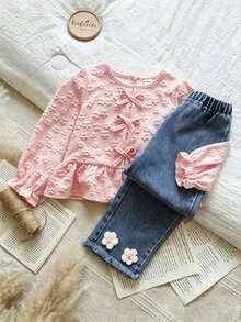 Vintaside Kids 甜美嬰兒鄉村風秋季女童兩件套：粉色提花長袖上衣配蝴蝶結與3D花朵裝飾牛仔褲 7歲生日 - 粉色 - 查看 6