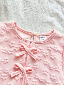 Vintaside Kids 甜美嬰兒鄉村風秋季女童兩件套：粉色提花長袖上衣配蝴蝶結與3D花朵裝飾牛仔褲 7歲生日 - 粉色 - 查看 7