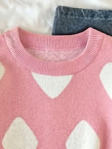 SHEIN 女童秋冬時尚簡約可愛休閒愛心圖案提花針織毛衣長袖上衣 親子套裝校園風 粉色與白色 - 淺粉色 - 查看 7