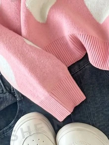 SHEIN 女童秋冬時尚簡約可愛休閒愛心圖案提花針織毛衣長袖上衣 親子套裝校園風 粉色與白色 - 淺粉色 - 查看 9