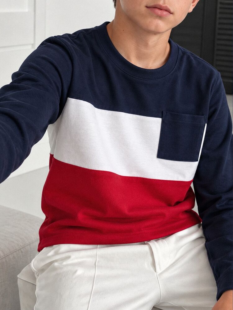 Vacaura Boys Casual Cute Baggy Colorblock Crew Neck Long Sleeve Pocket T-Shirt Autumn Fall School Navy Navy Blue - Red - View 1