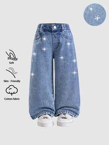SHEIN Elladie kids 女童牛仔褲，嬰兒藍，街頭時尚休閒牛仔女郎風格，個性可愛極簡 Y2K 設計，不對稱鬆緊腰，鑲鑽，夏季 - 中等水洗藍 - 查看 4