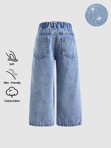 SHEIN Elladie kids 女童牛仔褲，嬰兒藍，街頭時尚休閒牛仔女郎風格，個性可愛極簡 Y2K 設計，不對稱鬆緊腰，鑲鑽，夏季 - 中等水洗藍 - 查看 3