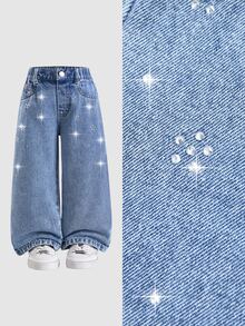 SHEIN Elladie kids 女童牛仔褲，嬰兒藍，街頭時尚休閒牛仔女郎風格，個性可愛極簡 Y2K 設計，不對稱鬆緊腰，鑲鑽，夏季 - 中等水洗藍 - 查看 5