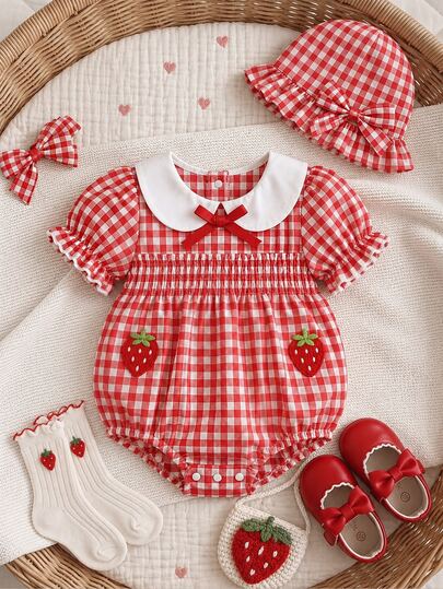 SHEIN Vintaside Kids Baby Girl Plaid Strawberry Pattern Bow Decor Casual Cute Tropical Daily Wear Puff Sleeve Romper Holiday Beach Red And White Plaid Summer