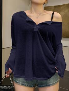 Dazy Plus 純色寬鬆圓領半開衩下擺長袖T恤，春夏校園風 - 藏蓝色 - 查看 4