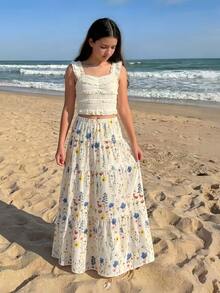 SHEIN Teen Girls Autumn Clothes Multi-Color Ditsy Floral Skirt, Elastic Waist A-Line Full, Ruffle, Ruched, Boho Casual, Lace Formal Party White - Multicolor - View 6