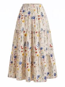 SHEIN Teen Girls Autumn Clothes Multi-Color Ditsy Floral Skirt, Elastic Waist A-Line Full, Ruffle, Ruched, Boho Casual, Lace Formal Party White - Multicolor - View 5