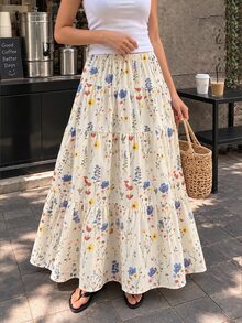 SHEIN Teen Girls Autumn Clothes Multi-Color Ditsy Floral Skirt, Elastic Waist A-Line Full, Ruffle, Ruched, Boho Casual, Lace Formal Party White - Multicolor - View 2