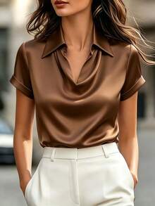 SHEIN Franclia Women's Elegant Solid Color Satin Cowl Neck Ruched Short Sleeve Blouse, Suitable For Office, Home, Daily Wear - Coffee Brown - View 3