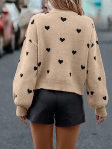 SHEIN LUNE Heart Patterned Dropped Shoulder Casual Sweater, Autumn/Winter Knit Pullover Fall - Khaki - View 2