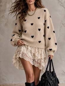 SHEIN LUNE Heart Patterned Dropped Shoulder Casual Sweater, Autumn/Winter Knit Pullover Fall - Khaki - View 6