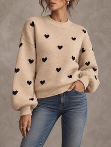 SHEIN LUNE Heart Patterned Dropped Shoulder Casual Sweater, Autumn/Winter Knit Pullover Fall - Khaki - View 5