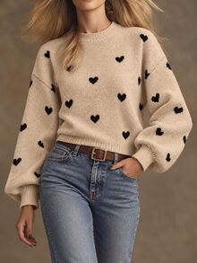 SHEIN LUNE Heart Patterned Dropped Shoulder Casual Sweater, Autumn/Winter Knit Pullover Fall - Khaki - View 7