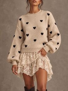 SHEIN LUNE Heart Patterned Dropped Shoulder Casual Sweater, Autumn/Winter Knit Pullover Fall - Khaki - View 4