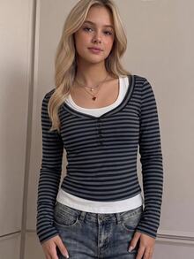 SHEIN Teen Girl Contrast White Black 2 In 1 Tee Sixth Form School Autumn Streetwear Y2k - Dark Grey - View 8