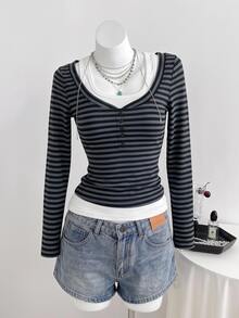 SHEIN Teen Girl Contrast White Black 2 In 1 Tee Sixth Form School Autumn Streetwear Y2k - Dark Grey - View 6