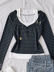 SHEIN Teen Girl Contrast White Black 2 In 1 Tee Sixth Form School Autumn Streetwear Y2k - Dark Grey - View 3
