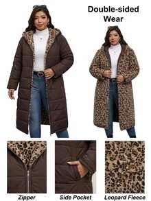 Reflora Plus Size Autumn/Winter Thermal Lined Thick Leopard Print Hooded Padded Coat - Brown - View 12