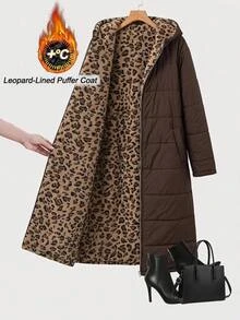 Reflora Plus Size Autumn/Winter Thermal Lined Thick Leopard Print Hooded Padded Coat - Brown - View 10