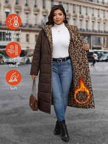 Reflora Plus Size Autumn/Winter Thermal Lined Thick Leopard Print Hooded Padded Coat - Brown - View 11