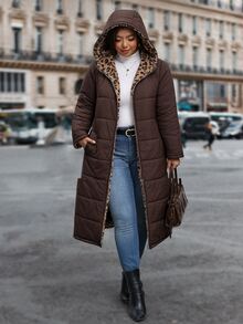 Reflora Plus Size Autumn/Winter Thermal Lined Thick Leopard Print Hooded Padded Coat - Brown - View 5