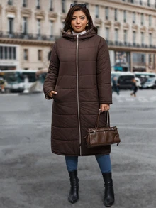 Reflora Plus Size Autumn/Winter Thermal Lined Thick Leopard Print Hooded Padded Coat - Brown - View 6
