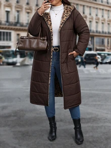 Reflora Plus Size Autumn/Winter Thermal Lined Thick Leopard Print Hooded Padded Coat - Brown - View 8