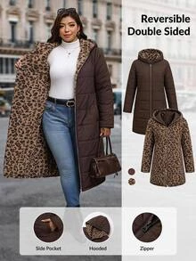 Reflora Plus Size Autumn/Winter Thermal Lined Thick Leopard Print Hooded Padded Coat - Brown - View 13