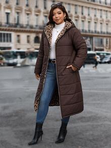 Reflora Plus Size Autumn/Winter Thermal Lined Thick Leopard Print Hooded Padded Coat - Brown - View 4
