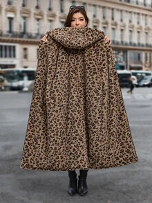 Reflora Plus Size Autumn/Winter Thermal Lined Thick Leopard Print Hooded Padded Coat - Brown - View 14