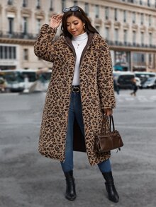 Reflora Plus Size Autumn/Winter Thermal Lined Thick Leopard Print Hooded Padded Coat - Brown - View 7